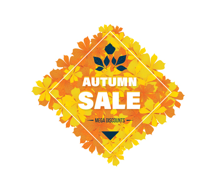 Autumn Super Sale banner with autumn leaves. Special offer. Business card, banner, calling card, flyer, poster. Illustration on the background of colorful leaves. Vector illustrationのイラスト素材