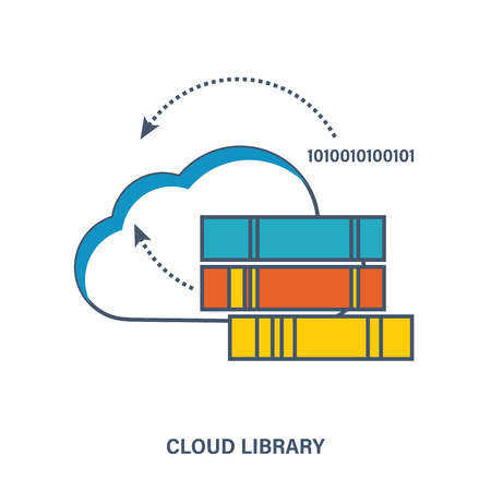 Concept of digital library in the cloud. Flat vector illustration.のイラスト素材