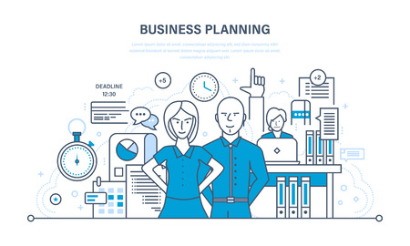 Business planning, planning of the time and process of job, project management, teamwork. Illustration thin line design of vector doodles, infographics elements.のイラスト素材