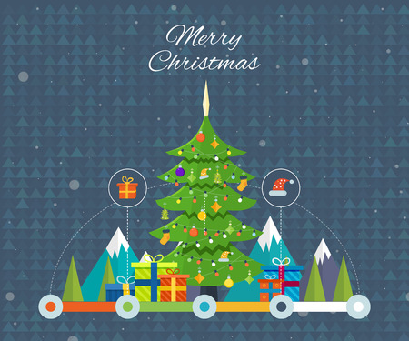 Merry Christmas. The atmosphere of the new year, Christmas tree decorated with toys and garlands, Christmas gifts and wishes. Vector illustration. Can be used as banners, materials.のイラスト素材