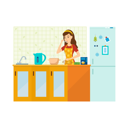 Woman housewife is engaged in preparing a meal in kitchen.のイラスト素材