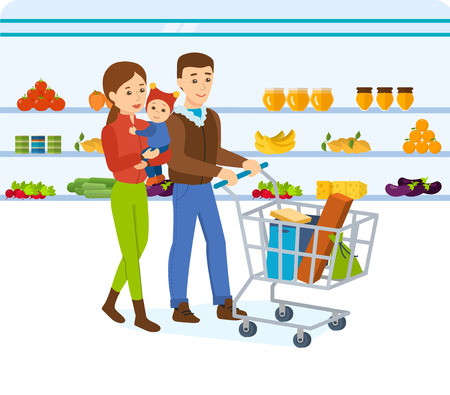 Family walking around the store and takes fresh foodのイラスト素材