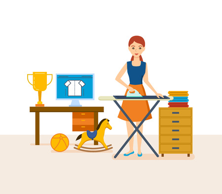 Young housewife engaged in household chores, cleaned, strokes things.のイラスト素材