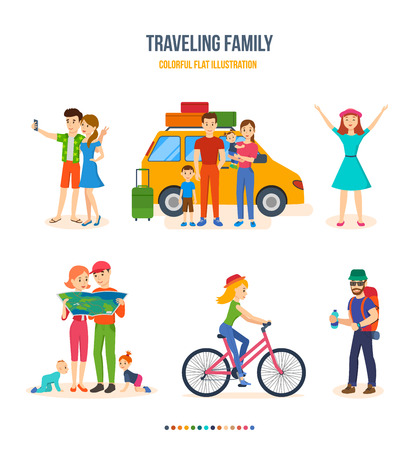 Traveling family, joint trips, bike tour, journey, hiking with kidsのイラスト素材