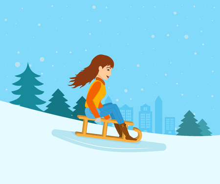 Young girl rolled down from mountain slope on a sledのイラスト素材