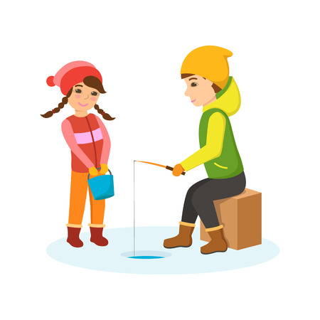 Boy and girl in warm clothes on the winter fishing.のイラスト素材