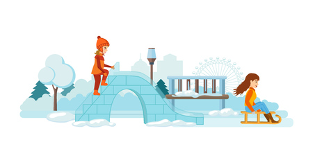 Girl gets on the ice hill to rideのイラスト素材