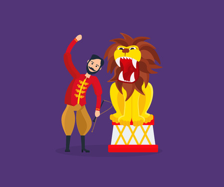 Tamer entertains the audience, showing dangerous, amazing tricks with lion.のイラスト素材