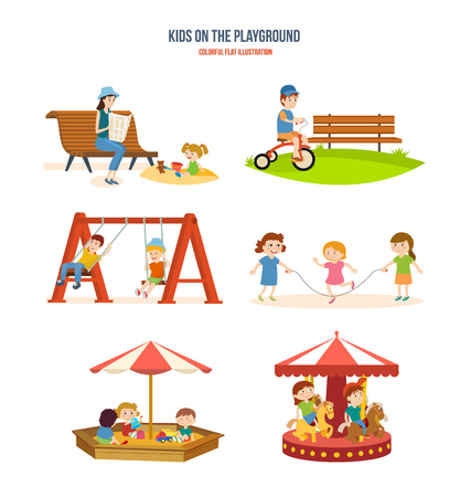 Walking with the children in the fresh air, cycling, roundabouts.のイラスト素材