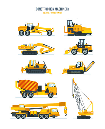 Construction machines, trucks, vehicles for transportation, asphalt, concrete mixing, crane.のイラスト素材