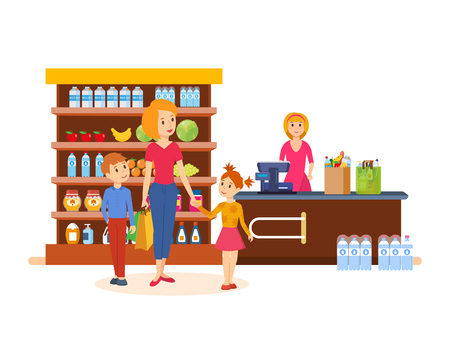 Mother with her kids spend weekdays, implementing campaign in store.のイラスト素材