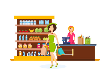 Girl make purchases in shopping center, carries package with products.のイラスト素材