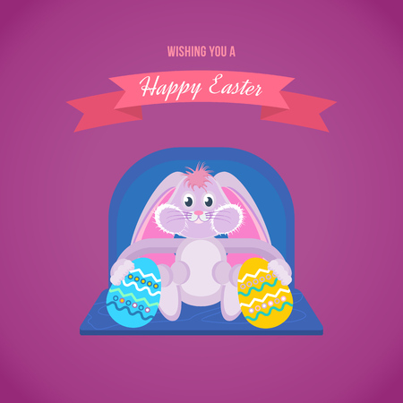 A festive cute hare keeps beautifully decorated chicken eggs.のイラスト素材