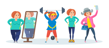 Losing weight girls from weighing up to classes in gym.のイラスト素材