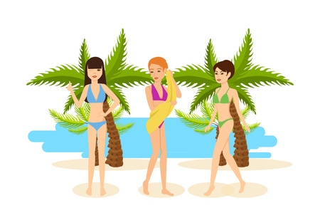 Tanned girls in bikini rest during a vacation at sea.のイラスト素材