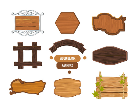 Wooden sign, various shapes, colors, textures of wood and metal.のイラスト素材
