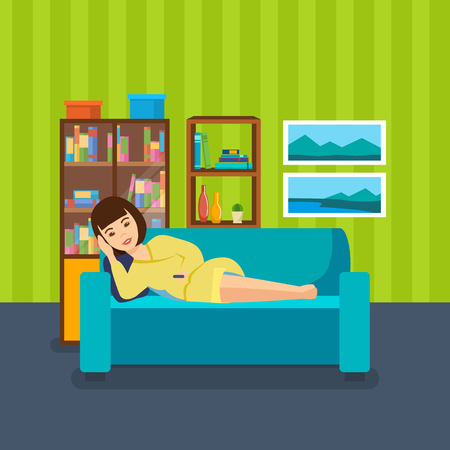 Girl relaxes and rests in living room, lying on sofa.のイラスト素材