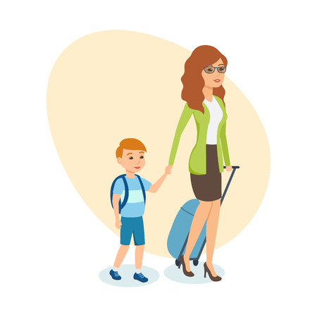 Mother with luggage in hand, walks next to her son.のイラスト素材
