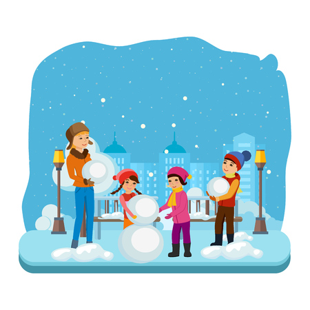 Young children in winter clothes, sculpt a snowman in a good mood.のイラスト素材