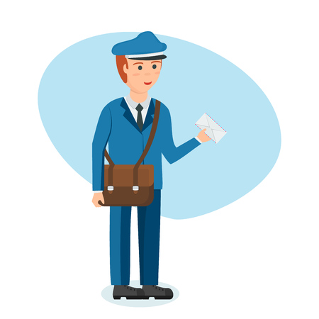 Postman in branded clothes with briefcase carries parcels and letters.のイラスト素材