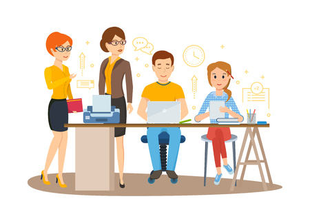 Group of office workers. Set of business characters working in office, business woman entrepreneur with colleagues. Modern vector illustration isolated in cartoon style.のイラスト素材
