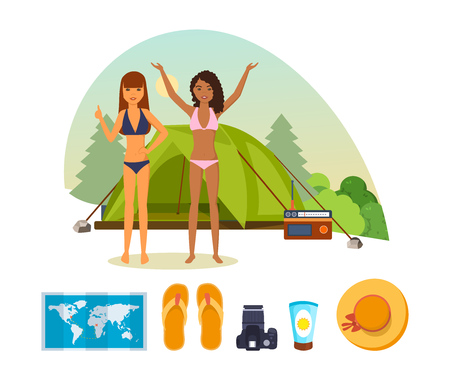 Girls have fun in nature, with set of necessary things.のイラスト素材