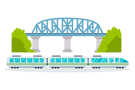 Modern train on railway, on street of city and park.のイラスト素材