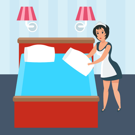 Maid is preparing hotel room, changing linens, making bed.のイラスト素材