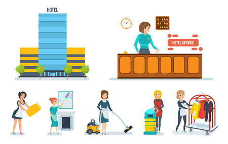 Staff of the hotel serves the hotel room and rooms.のイラスト素材