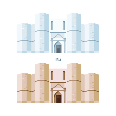 World sights. Architectural building of Castel del Monte, located on a small hill near Adria in Italy. Modern vector illustration isolated on white background.のイラスト素材