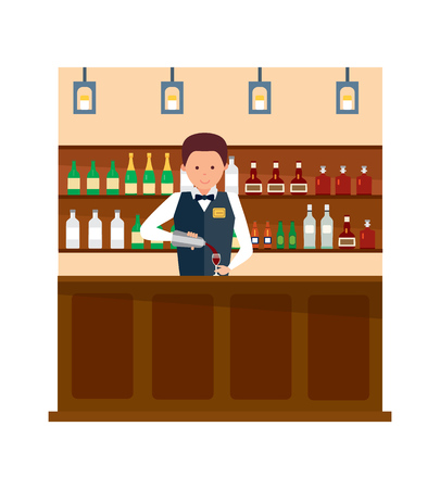 Bartender with bottle and glass in hands, pouring wine.のイラスト素材