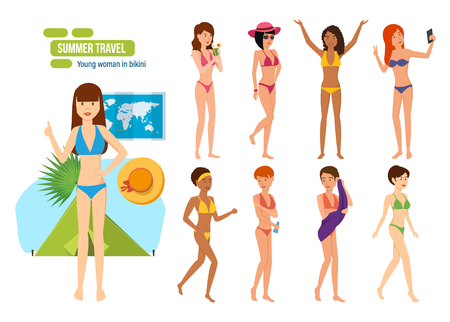 Set of girls in bikini, traveling summer in exotic place.のイラスト素材