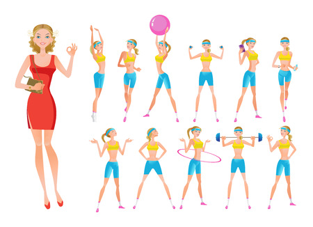 Beautiful fitness girl in different positions, poses, with different objects.のイラスト素材