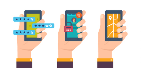 Smartphone with software: applications, feedback, personal cabinet, map with label.のイラスト素材