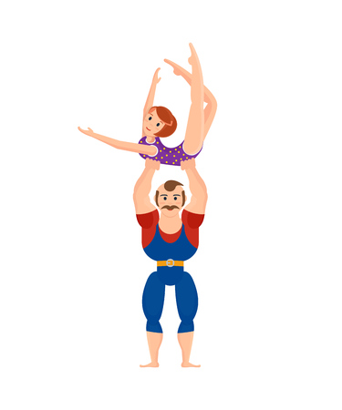 Strong athlete shows exercises for strength, supporting girl acrobat in air.のイラスト素材