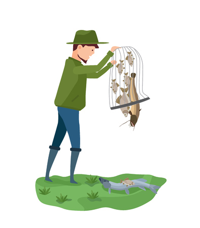 Fisherman on bank of river, puts fish on the ground.のイラスト素材