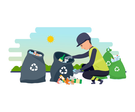 Cleaning city. Household waste, recycling. Employee of service collect garbage.のイラスト素材