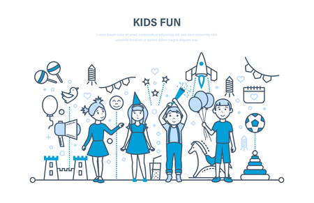 Children party indoor concept. Small happy kids, play, have fun, firecrackers explode, give gifts. Solemn celebration. Illustration thin line design of vector doodles, infographics elements.のイラスト素材