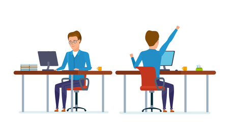 Front and back view of in education room at table.のイラスト素材