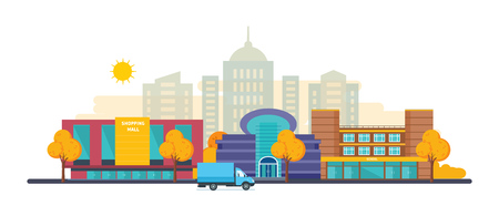 Autumn city landscapes set with buildings shopping mall, shopping center and cinema complex, school and university, architectural structure. City autumn landscape. Vector illustration isolated.のイラスト素材