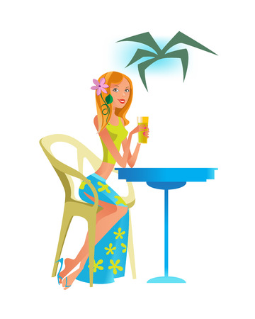Summer travel and vacation. Young beautiful girl is resting in a cafe, drinking a cocktail. Summer rest and relaxation. Beach people. Vector illustration in cartoon style.のイラスト素材