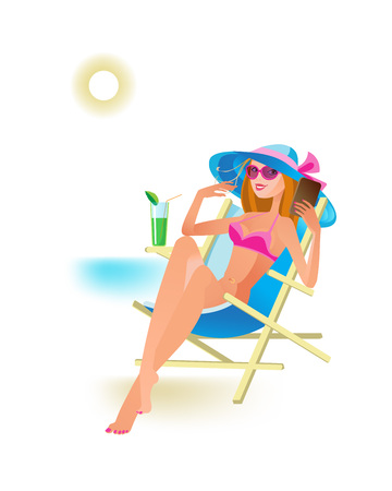 Girl, resting, sunbathing on beach, drinking cocktail, making selfie.のイラスト素材