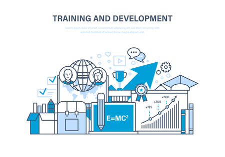 Training and development, distance learning, technology, knowledge, teaching and research.のイラスト素材