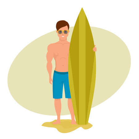 Surfer is holding board for swimming, spending vacation on sea.のイラスト素材