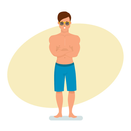 Surfer faces us, with a surprised look and his arms crossed.のイラスト素材