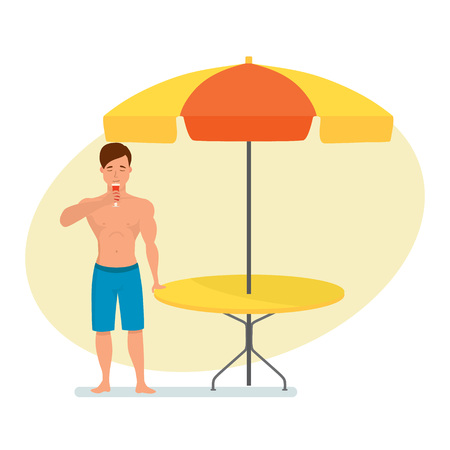 Man drinks fruit cocktail while standing near summer cafe.のイラスト素材