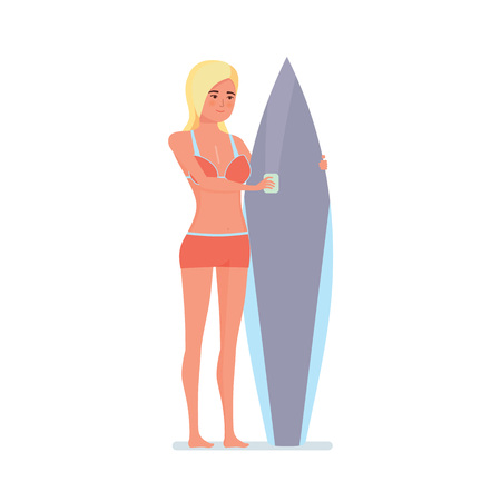 Summer vacation on sea and beach. Surfer girl is standing with board in hands on beach and posing for photo. Recreational beach water sport. Character person. Vector illustration in cartoon style.のイラスト素材