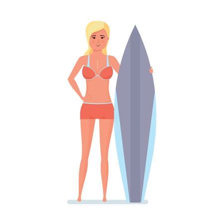 Summer vacation on the sea and the beach. Surfer woman is holding board for swimming, posing and spending an active vacation on sea. Character person. Vector illustration isolated in cartoon style.のイラスト素材