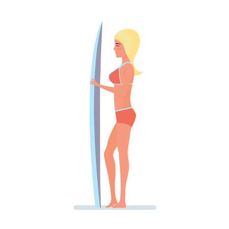 Summer vacation on sea and beach. Surfer woman stands sideways holding board for swimming in his hands. Recreational beach water sport. Character person. Vector illustration isolated in cartoon style.のイラスト素材
