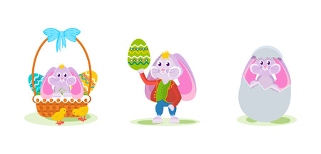 Cute rabbit in a beautiful decorative basket, a rabbit in a beautiful suit with a dyed egg in his hand, a rabbit from an egg.のイラスト素材